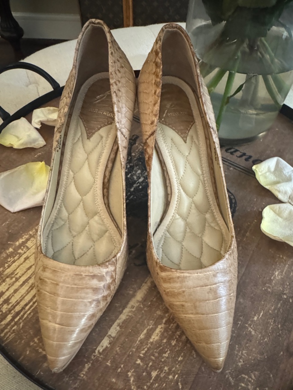 Brian Atwood Nude Python Pointed Toe Pumps in Light Tan
